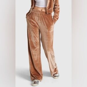 PINK Victoria's Secret Women's L Velour Wide Leg Pants Bronze Rhinestone Logo